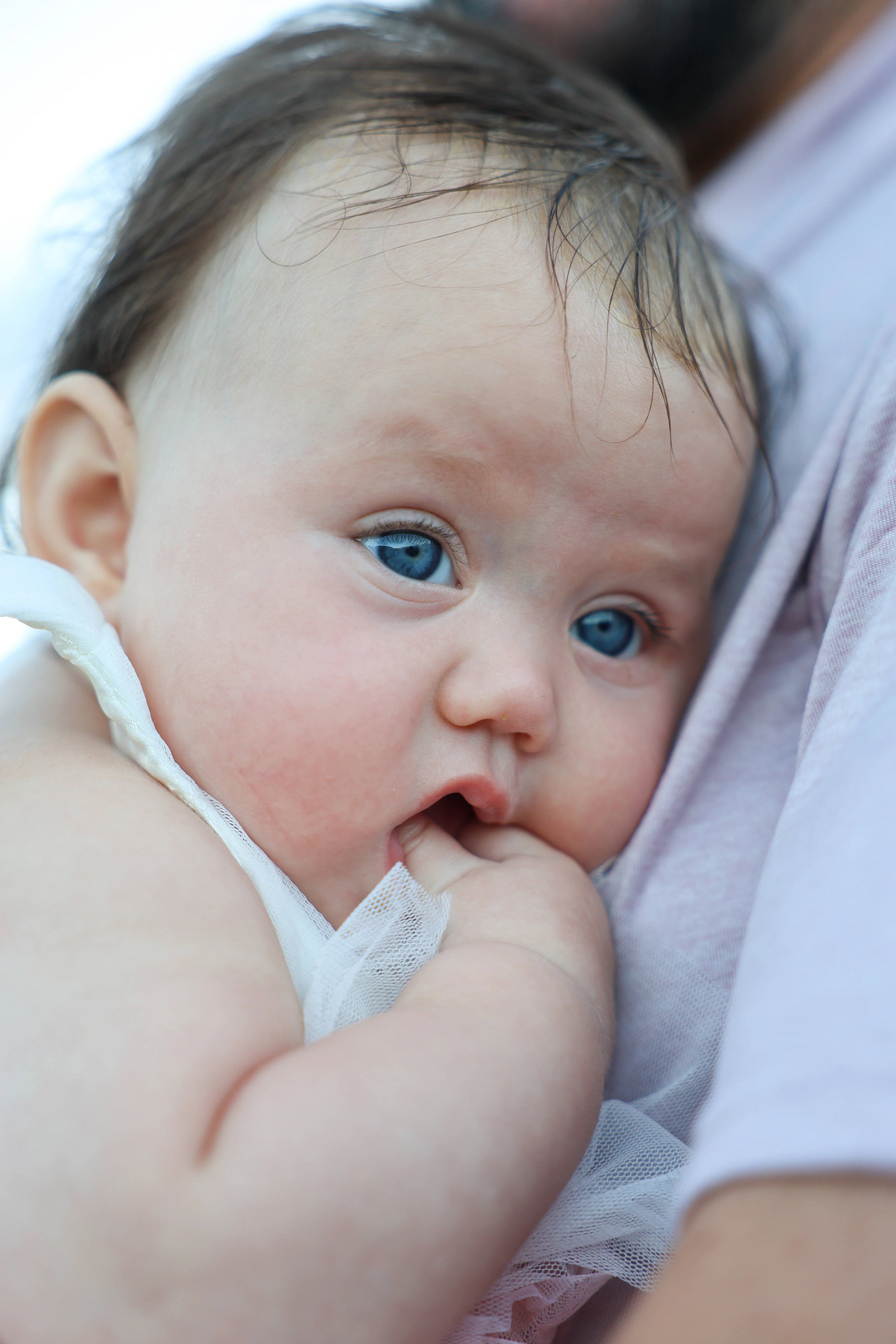 Close portrait of a baby resting against a parent